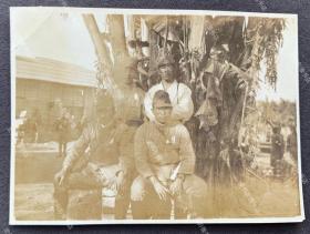抗战时期 粤桂地区广州、南宁、钦州一带大香蕉树下休息的日军须藤部队军曹及其战友 原版老照片一枚