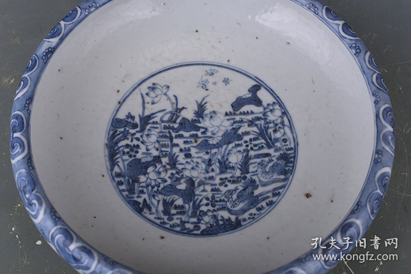 清康熙青花莲池鸳鸯纹洗 8×26厘米