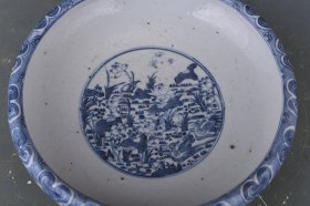 清康熙青花莲池鸳鸯纹洗 8×26厘米