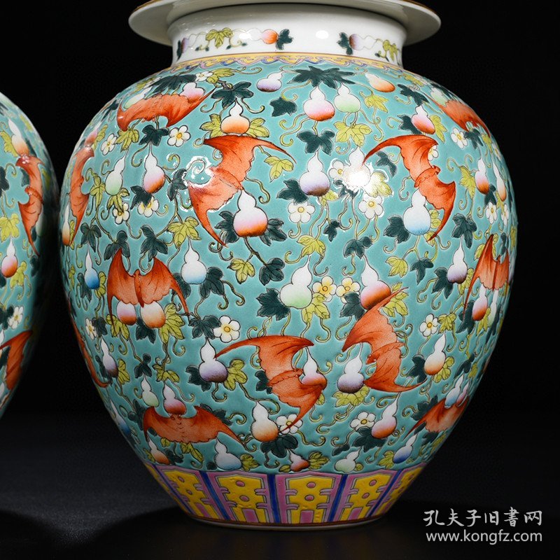 清乾隆绿地粉彩福寿纹将军罐 35*20厘米