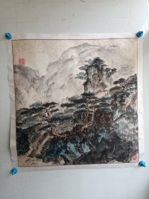 约八九十年代，无款手绘山水画一副，旧裱，品相较差，标价就是实价，尺寸68x68厘米