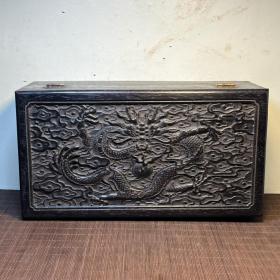 旧藏血檀木雕刻双龙戏珠收纳盒 首饰盒