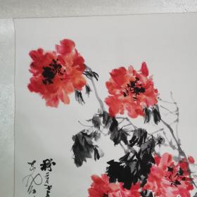 苏州著名书画家一一谭以文，精品花卉立轴133x69㎝ 全新精装裱，真迹，保真。