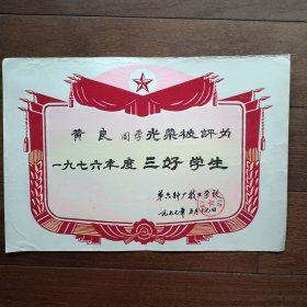 1976年度上海第六钟厂技工学挍奖状（8开，植绒）