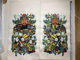 古版早期印刷 木版年画   斧钺鞭锏五子天官门神 颜色古朴，品相自鉴（35×67）cm