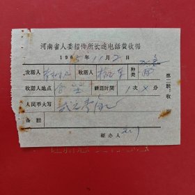 1965年11月2日，电话费，河南省人委招待所长途电话费收据（生日票据，邮电专题2，80-6）