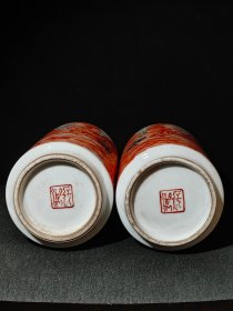 矾红棒槌瓶，王步作品，手绘无量寿佛，包浆醇厚