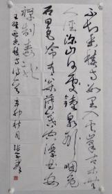 保真书画，张学群四尺整纸书法一幅139×69cm软片，张学群 1957年10月生于安徽阜南。学生时代即任安徽大学书画协会会长；先后当选为安徽省直书画协会副会长、安徽省直书画家协会主席；安徽省书法家协会副主席、主席；中国书法家协会理事；2010年11月当选为中国书法家协会理事。现为安徽省书法家协会名誉主席，中国艺术研究院中国书法院研究员。