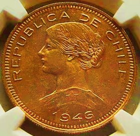 少见极美1946年智利女神100比索金币NGC评级UNC收藏