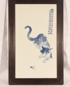 民国竹溪道人王步绘青花猫瓷板画 高63.6宽40厘米2