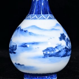 大清雍正年制青花山水纹元明堂款蒜头瓶 高16.3径8厘米2