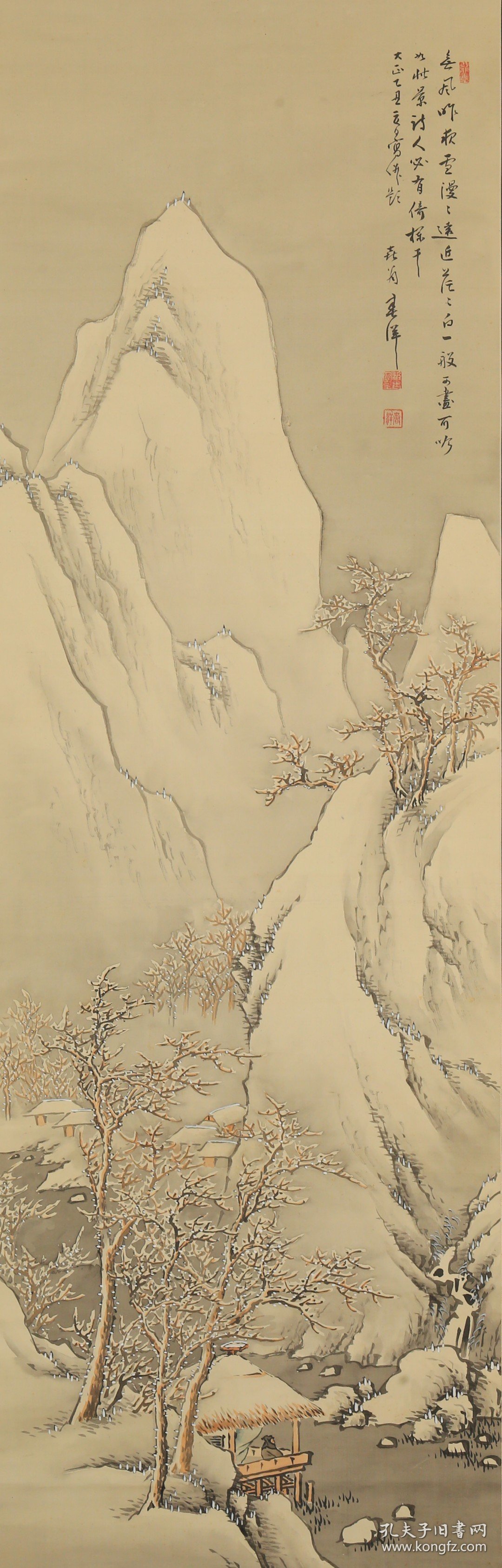 日本关西南画界泰斗 永松春洋 雪山幽坐图 绢本立轴 原装原裱
126.5*41cm
品相：缺轴头。