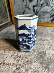 老青花手绘六方笔筒一只y