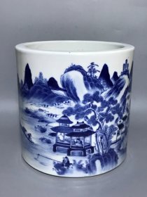 清 青花山水人物笔筒 文房收藏 全品