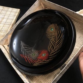 老货 日本漆器一木挖1.5cm厚度手绘羽毛镶螺钿果子器果盘