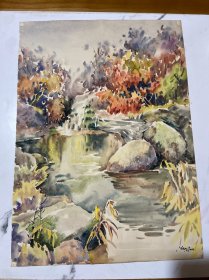 保真保手绘。水彩一张，品相如图。画心尺寸（54*39）cm，货号：L422