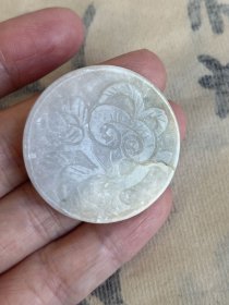 【清】明清古玉 老翡翠 玉牌 一面刻灵芝一面刻石榴