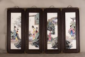 红木包铜皮框镶粉彩人物瓷板画挂屏一组《仕女图》