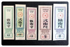 广西壮族自治区布票1984五种，共5枚（全）～壹市寸漏印红章，两枚背已印写