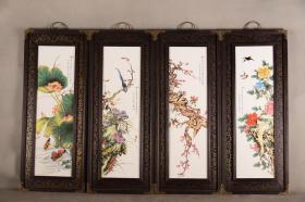 红木包铜皮框镶粉彩花鸟瓷板画挂屏一组《国色天香》