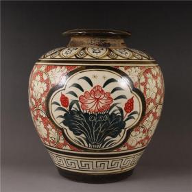 宋吉州窑手绘红花缠枝莲花纹陶瓷罐民间古董老瓷器老物件收藏摆件