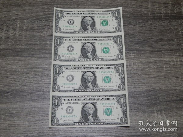 未裁剪，美国幸运纸币$ 1Dollar 4连