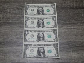 未裁剪，美国幸运纸币$ 1Dollar 4连