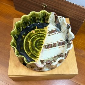 高货孤品！日本加藤直彦本手 手作侘寂风陶胎织布烧 钱袋造型钵 口径21.5cm 高8cm 全新原木箱供布包装！高品！