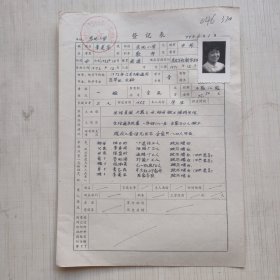 1977年教师登记表： 东风小学/ 东风人民公社 李美华 贴有照片