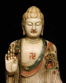 （议价） 唐汉白玉彩绘大佛雕刻石窟楼阁高106cm宽77cm厚50cm