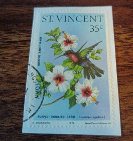 贴1976年圣文森特邮票蜂鸟与花卉剪片1张 外国邮票（零售区邮品满十件包邮）
