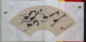 67X34cm扇面纯手绘国画虾