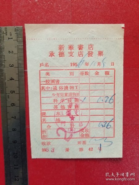 1956年新华书店承德支店发票（1枚）