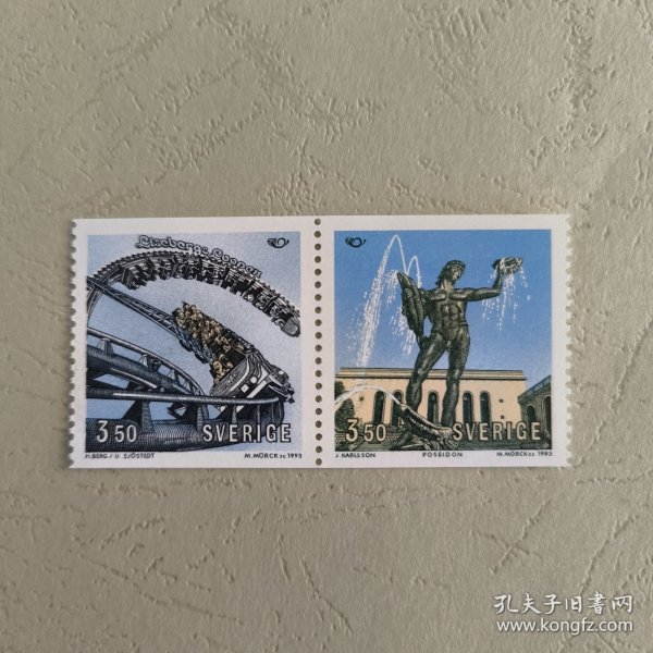 S409瑞典邮票 1993年 北欧合作哥德堡建筑海神雕塑游乐场 过山车 外国雕刻版 新 2全（票左右排列位置随机）