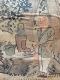 松村吴春 ，日本南部绘画大师之一。 山水人物绢本老画 立轴，高级裱工。年代久远，画面黄斑，褶皱，请细看图片。

松村吴春（Matsumura Goshun，1752－1811年）本姓松村，名丰昌，通称文藏，字伯望，号允白、月溪、蕉雨亭、百昌堂。日本江户时代画家，四条派创始人。日本南部绘画大师之一。
松村吴春结合中国文人画的风格，提高了日本绘画的艺术性与表现力。
画心尺寸：107×50