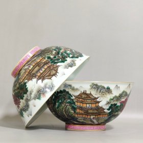 清代雍正山水阁楼碗