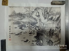 收的手绘的国画，后面拖了一层覆背纸。画心净尺寸45.5乘34厘米。