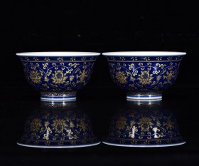 明永乐年霁蓝描金缠枝莲纹小碗5*9