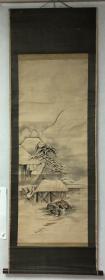 画66日本回流水墨三僧借宿图立軸，纸本老裱实木軸頭，畫芯46×122厘米，无款印如图，品相如圖老旧，手绘精品放心收藏！