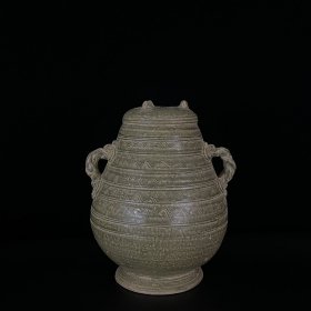 东晋越窑青瓷炫纹双耳盖罐 22x26厘米DD