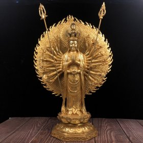 精品仿古鎏金佛像背光千手观音 脱金工艺，永乐落款 尺寸高60厘米佛像高52厘米宽40厘米底座直径20厘米 重量佛像7.9KG+背光3.3KG