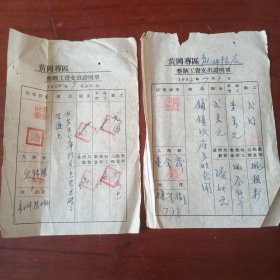 五十年代整晒工资单二张合售