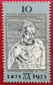 袁袁收藏民主德国邮票 东德 1971年 发行量180万 画家丢勒诞辰500周年 1500年绘 自画像 3-1 信销（1471年—1528年），生于纽伦堡，作品包括木刻版画及其他版画、油画、素描作品。以版画最具影响力。最出色的木刻版画和铜版画家之一。他的水彩风景画是他最伟大的成就之一，这些作品气氛和情感表现得极其生动。丢勒最为传世的作品是《手》，后来被人们改名为《祈祷之手》，其影响力超过其他任何作品