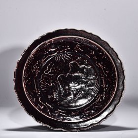 旧藏 元祭红釉雕刻云龙纹菱口折沿盘 高5厘米 宽34厘米