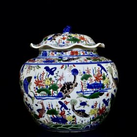 明嘉靖青花五彩鱼藻纹荷叶罐 35/32厘米