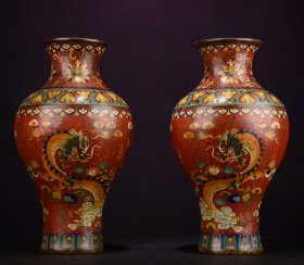 铜胎景泰蓝龙凤呈祥橄榄瓶 高31cm   直径17cm   口径10cm 重5525克