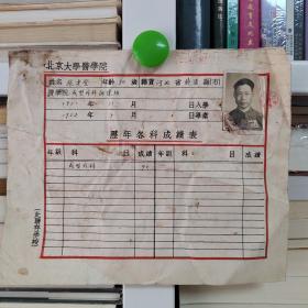 1950年北京大学医学院专修班学籍卡（张连登 河北饶阳）