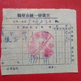 1959年1月3日，提子，鹤壁市统一发货票，鹤壁市白铁生产合作组（生日票据，五金机电，56-8）