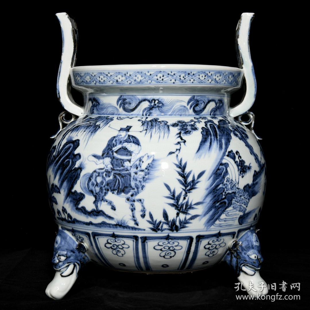 点击查看原图 元代瓷器精品老货收藏 元青花鬼谷子下山图双耳三足炉
