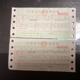 1996年7月9日江苏省公路汽车客票（常州一张家港）连号2张(汽车票根生日票)（背常州第五人民医院广告）